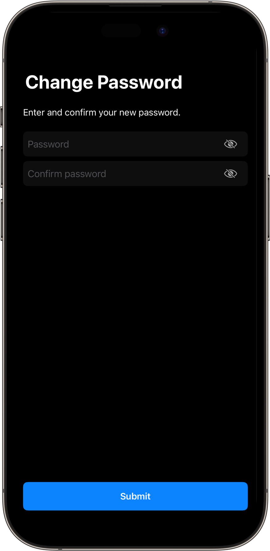 ChangePasswordView with a dark color scheme. A SwiftUI Starter Kit Component.