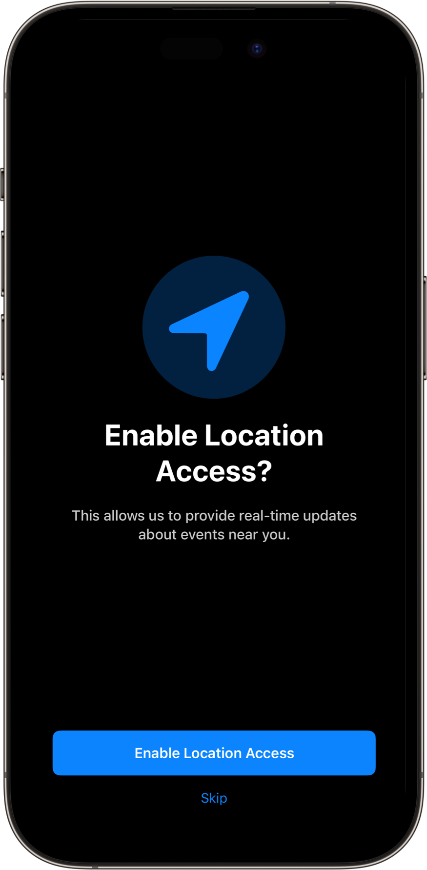 LocationPermissionsView with a dark color scheme. A SwiftUI Starter Kit Component.