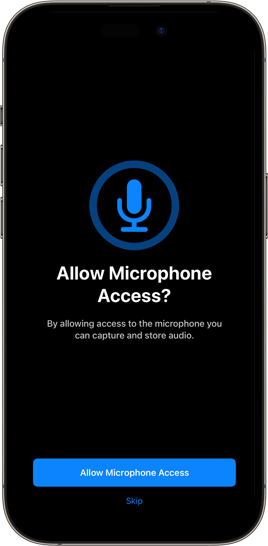 MicrophonePermissionsView with a dark color scheme. A SwiftUI Starter Kit Component.