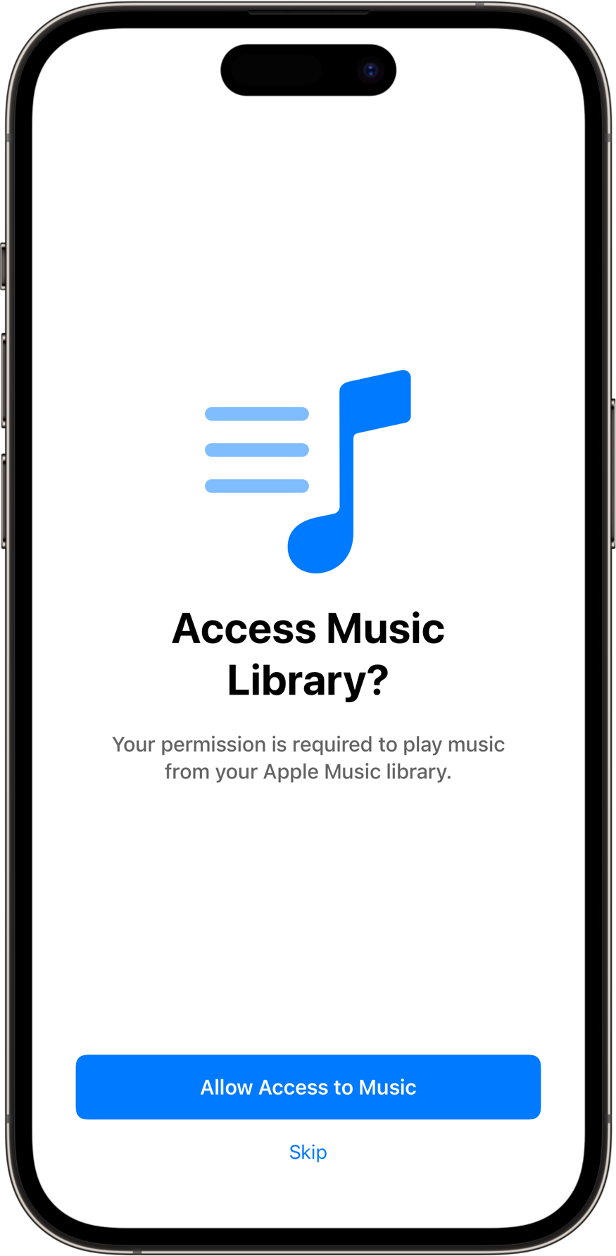 MusicLibraryPermissionsView with a light color scheme. A SwiftUI Starter Kit Component.