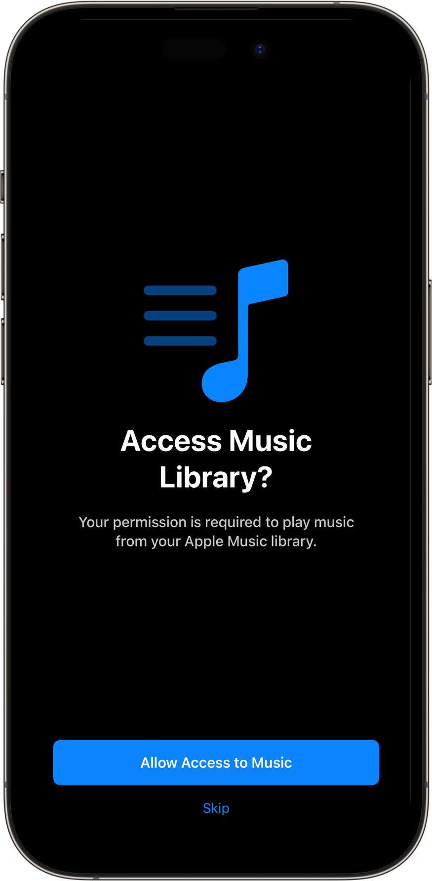 MusicLibraryPermissionsView with a dark color scheme. A SwiftUI Starter Kit Component.