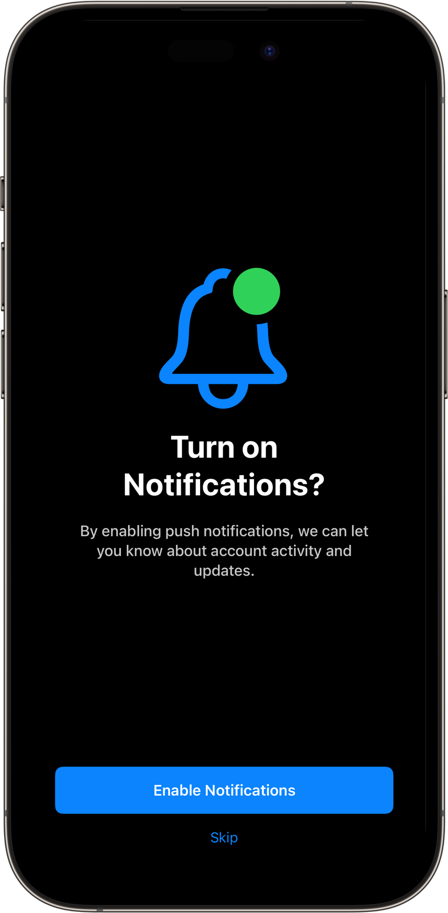 NotificationPermissionsView with a dark color scheme. A SwiftUI Starter Kit Component.