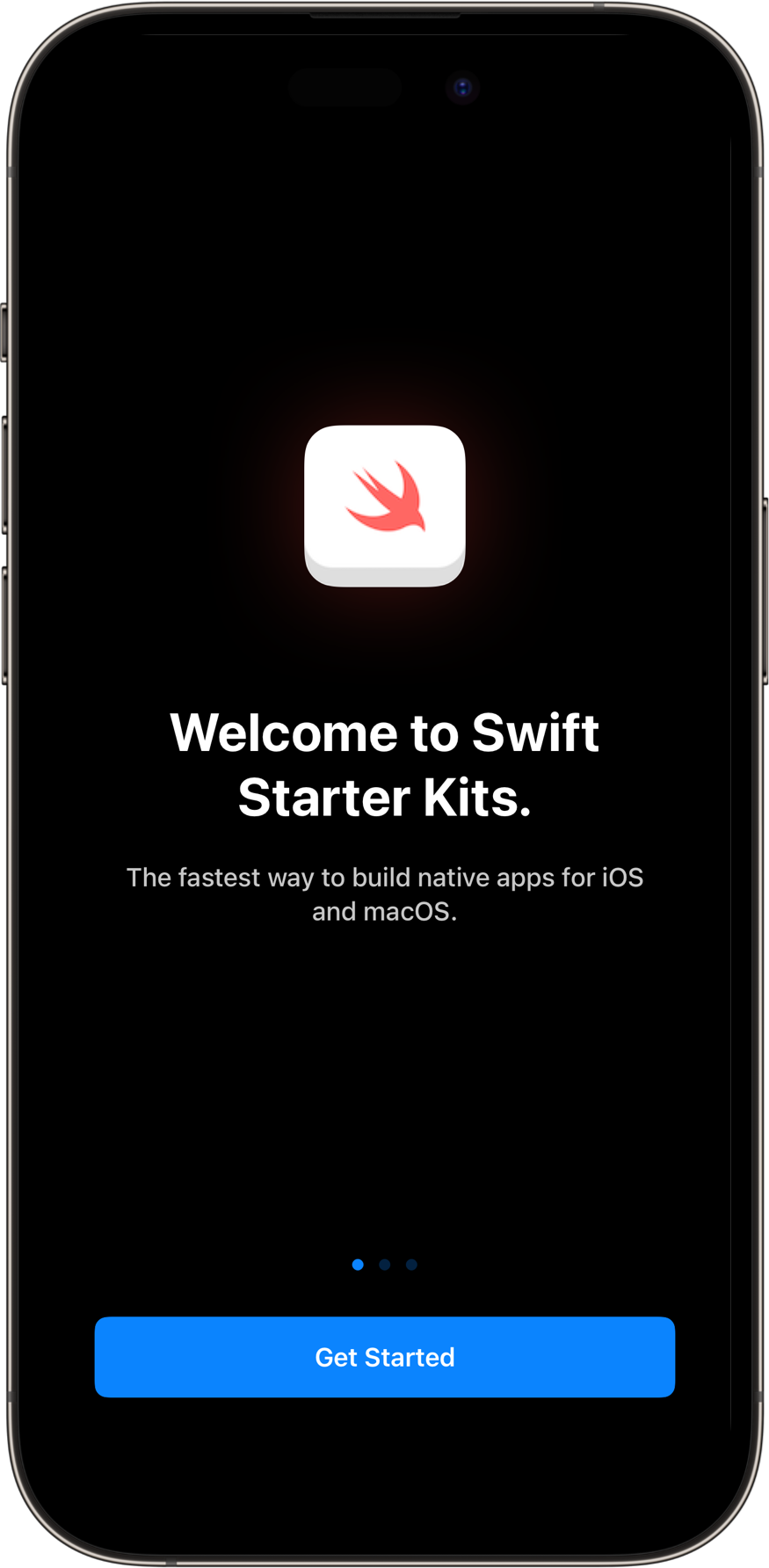 OnboardingView with a dark color scheme. A SwiftUI Starter Kit Component.