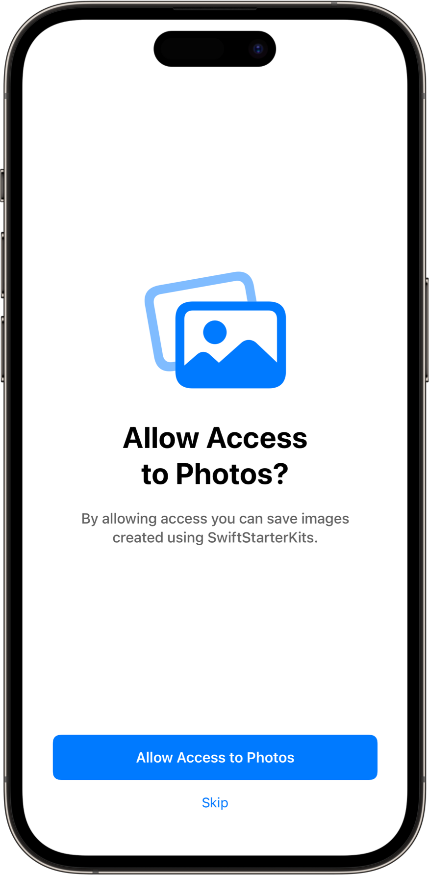 PhotoPermissionsView with a light color scheme. A SwiftUI Starter Kit Component.