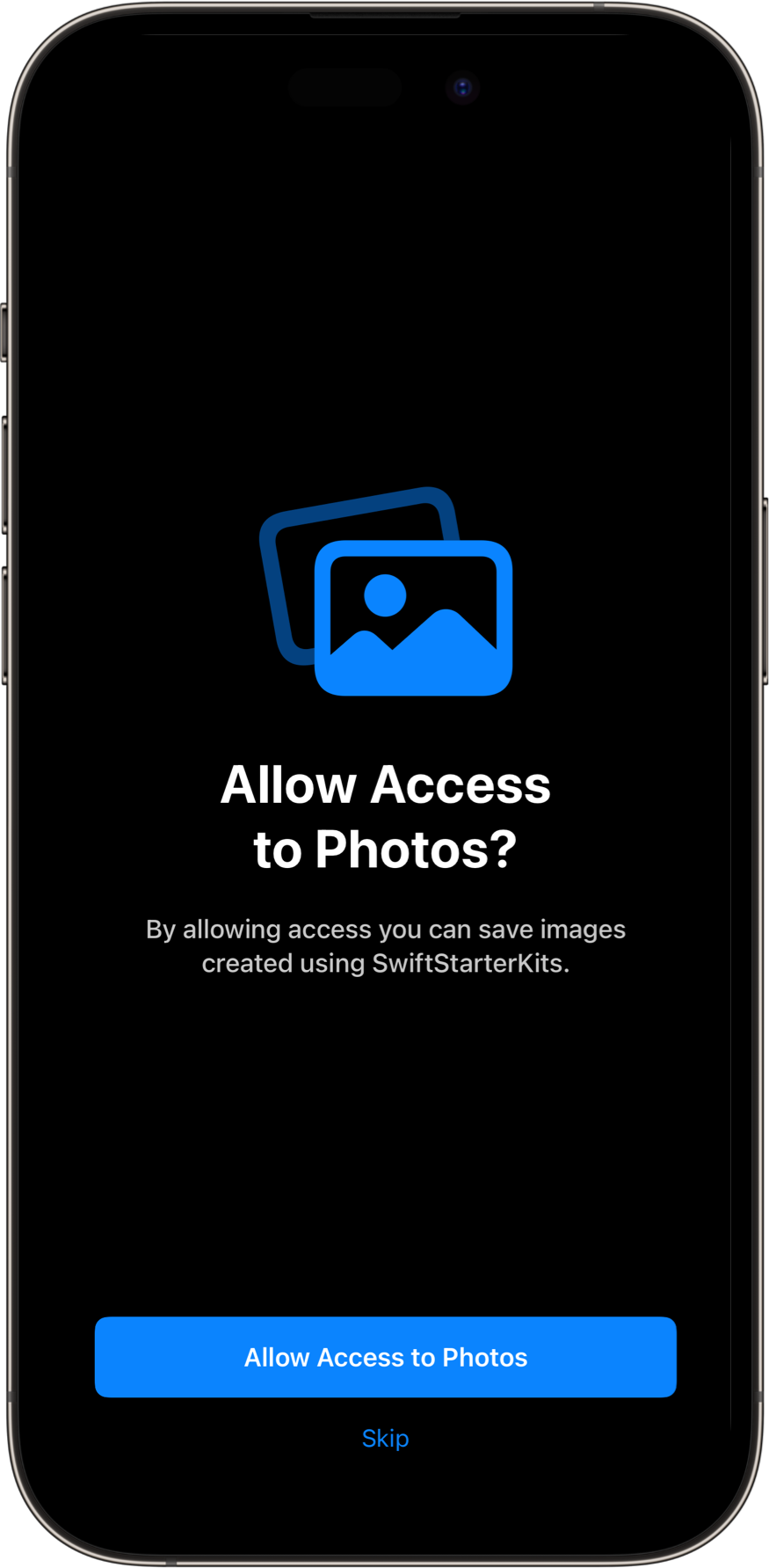 PhotoPermissionsView with a dark color scheme. A SwiftUI Starter Kit Component.