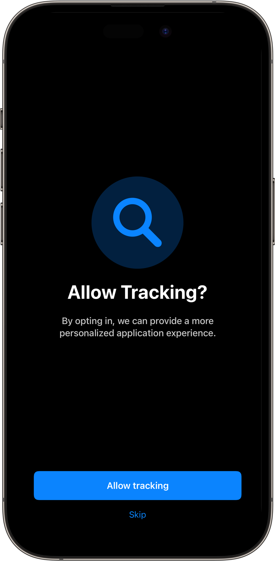 TrackingPermissionsView with a dark color scheme. A SwiftUI Starter Kit Component.