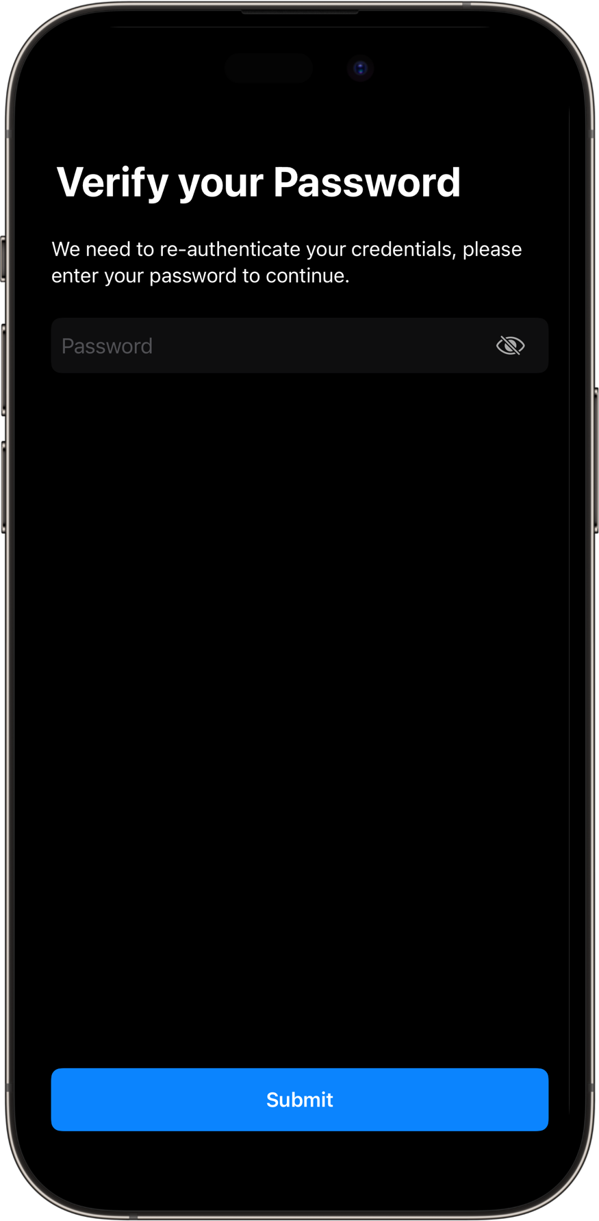 VerifyPasswordView with a dark color scheme. A SwiftUI Starter Kit Component.