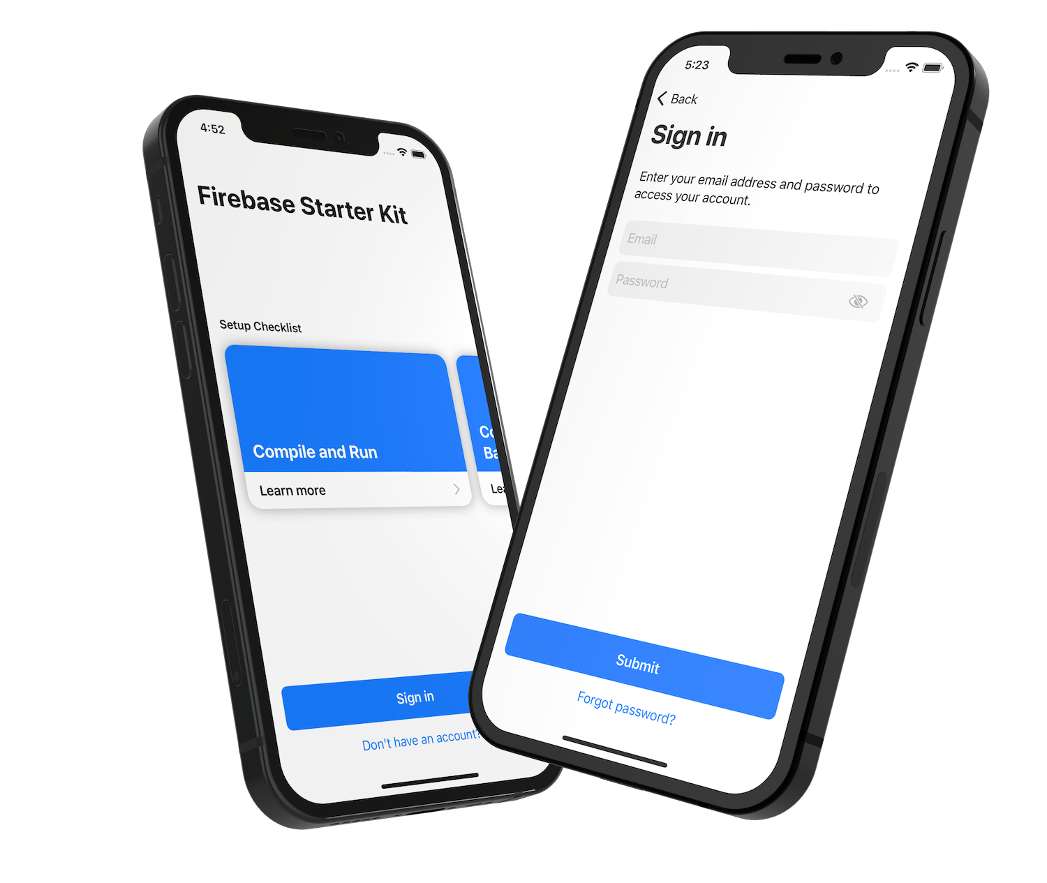Firebase Starter Kit's home and sign-in screens on the iPhone 12.