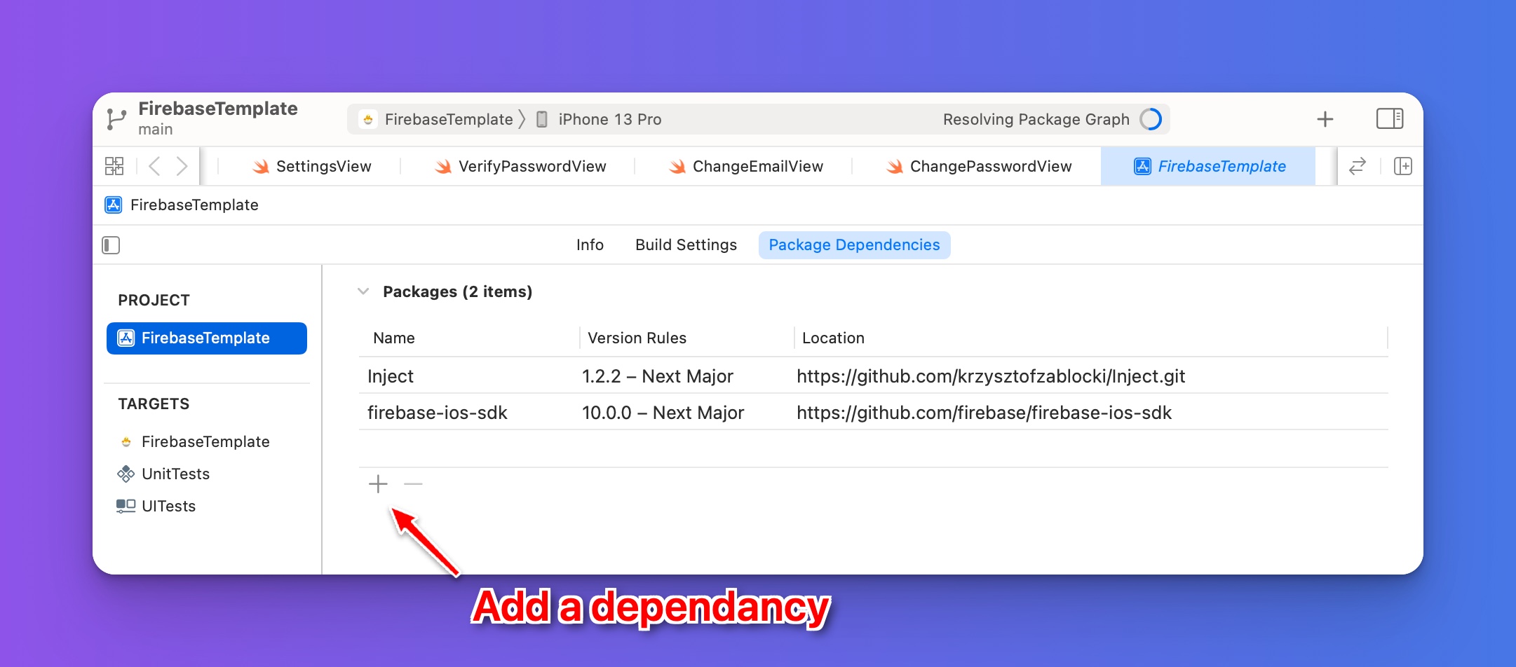 Add the Firebase iOS SDK as a dependancy in Xcode
