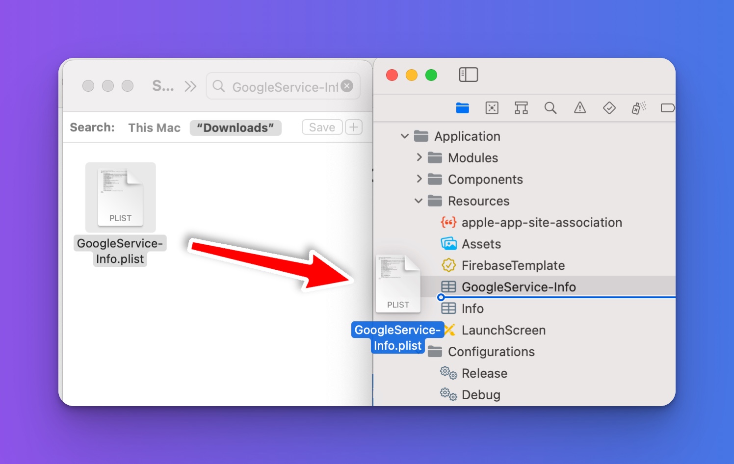 Adding the GoogleService-Info.plist file to Xcode.