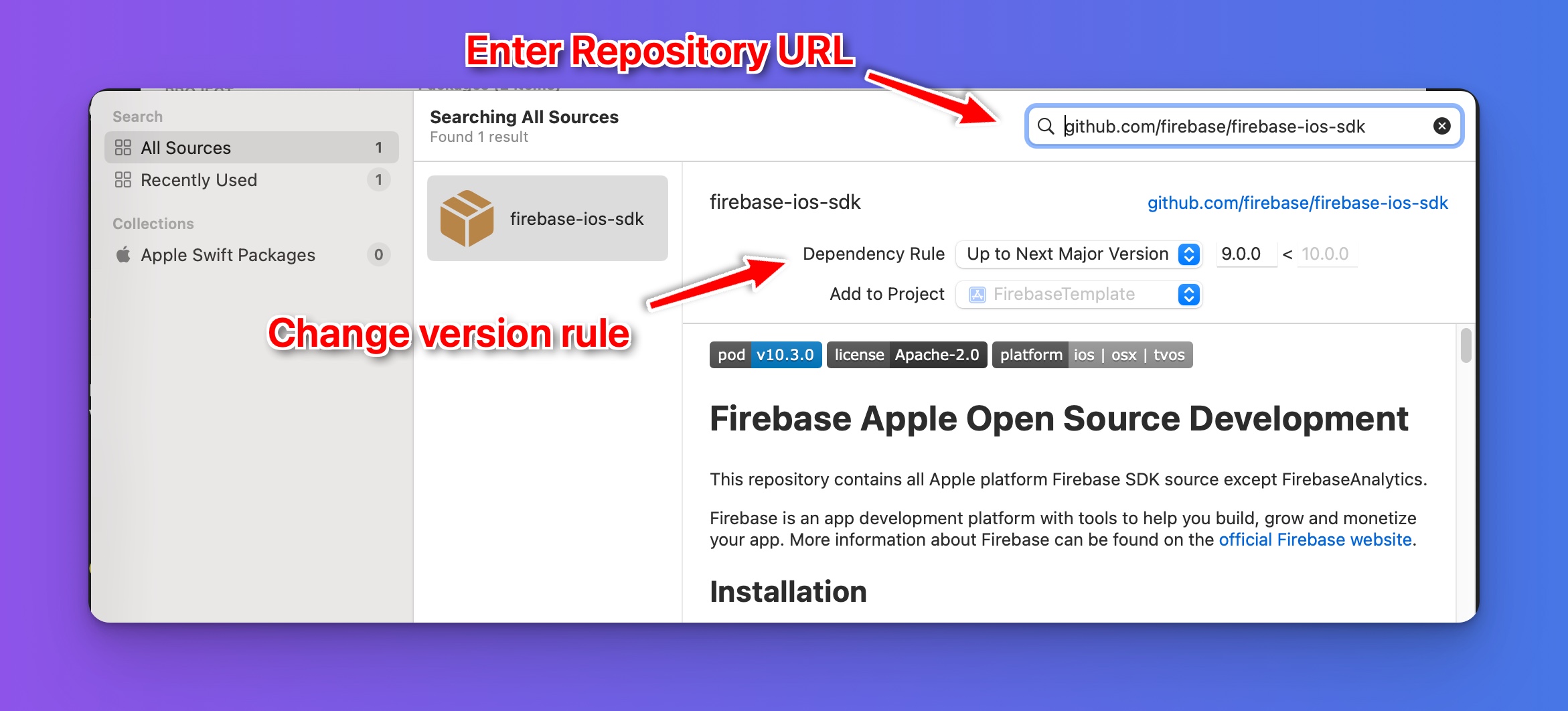 Enter the Firebase URL and version rules in the Swift Package Manager modal.